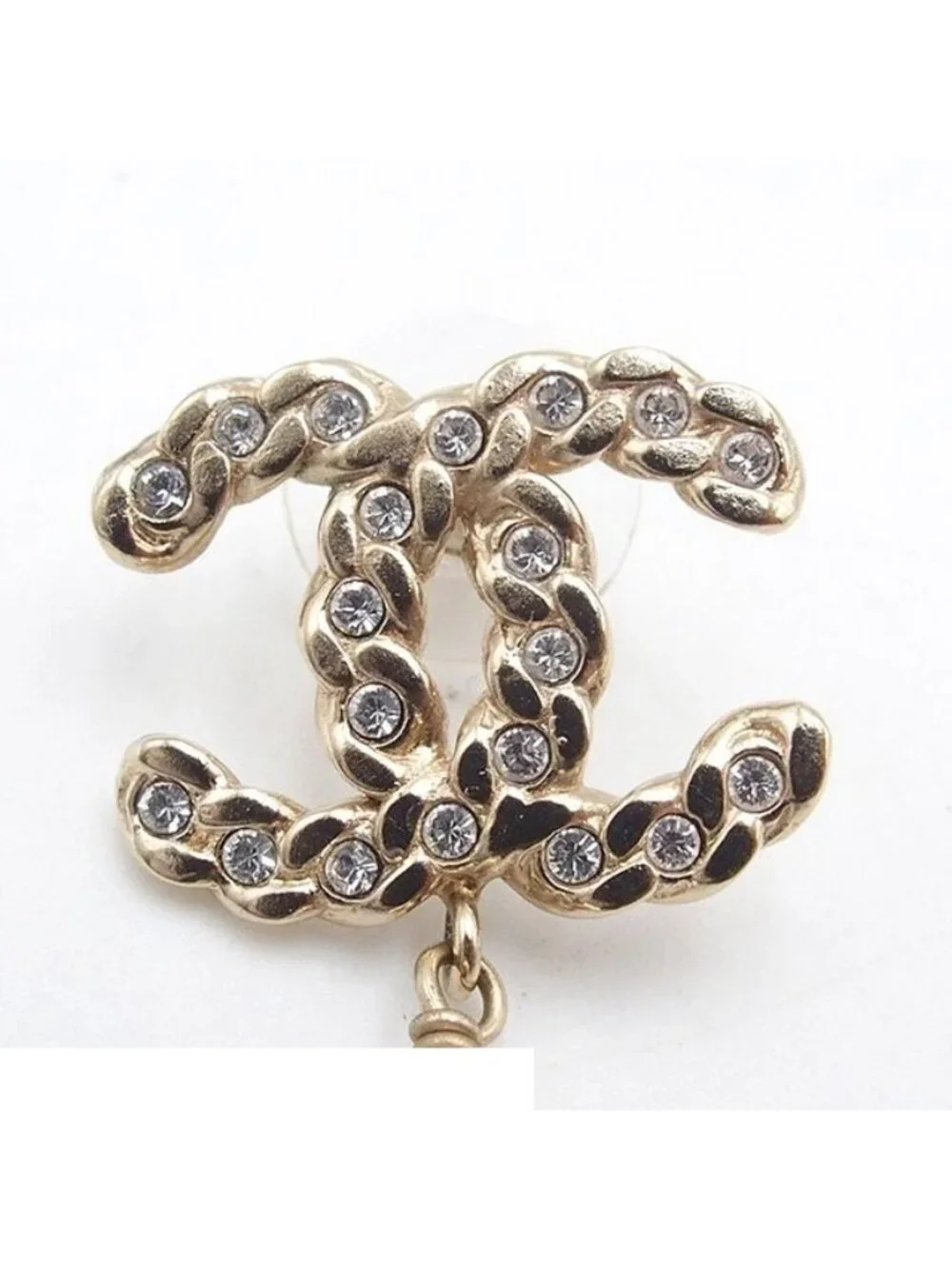 Chanel Earrings Light Gold Metal Asymmetric CC Logo Rhinestone Faux Pearl